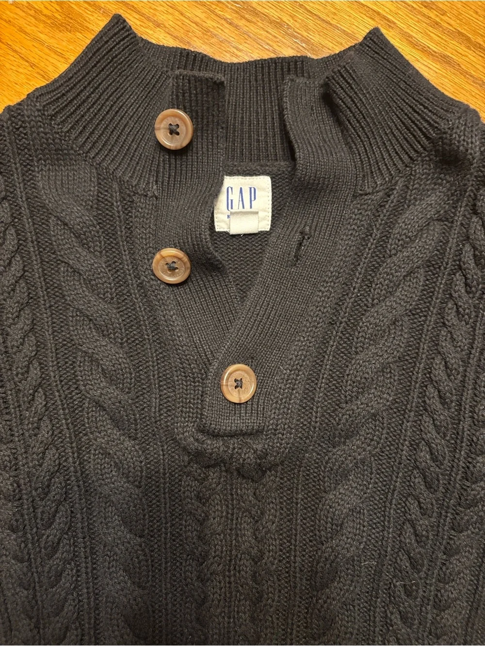 GAP Black Cable-Knit Button Mock Neck Sweater
